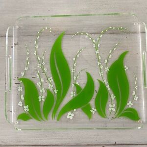 Vintage Acrylic Lucite Floral Nature Leaves Tray with Handles. Stotters 1980’s